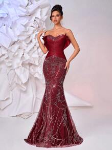 Glamrae Elegante y lujoso vestido de bola satinado, fruncido y con cola de pez con cuentas y lentejuelas, adecuado para bodas, fiestas, vacaciones, galas y eventos formales (resistente)