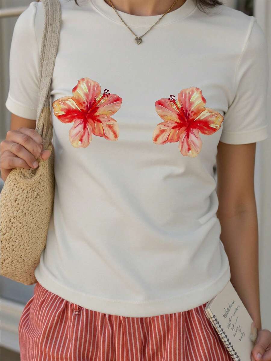 INAWLY 女式常规乡村热带海滩度假风格休闲早午餐连衣裙，乡村热带花卉芙蓉植物图案印花修身性感吊带背心，甜美休闲夏季短袖 - 白色 - 查看 1