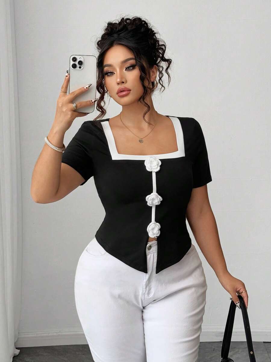 Elenzga 加大码法式花卉装饰针织圆领修身T恤 - 黑與白 - 查看 1