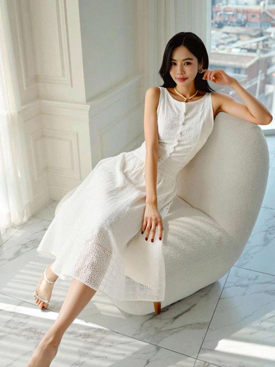 Heiryn Women's Solid Color Hollow Embroidered Sleeveless Dress, Summer - White - View 1