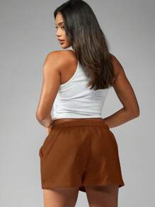 MISSGUIDED Quần short chạy bộ có dây rút bằng lông cừu mặc ở nhà thường ngày mùa hè quần short vừa vặn thoải mái có túi bên hông cạp vừa - Màu nâu  Mocha - Xem 2