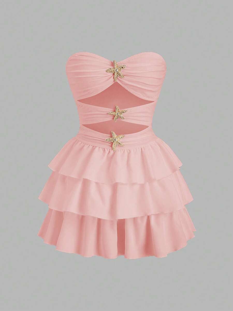 Sweetra Đầm mini hở lưng xếp ly viền bèo nhún vá, thiết kế tối giản đơn giản, ngọt ngào, thanh lịch theo phong cách nghỉ dưỡng dành cho nữ mùa xuân/hè - Hồng - Xem 1