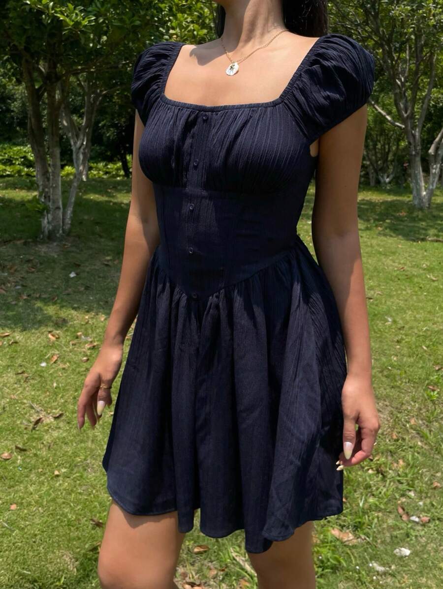 SHEIN Textured Fabric Close-Fitting A-Line Mini Dress For Teens, Square Neck, Navy Blue - Navy Blue - View 1