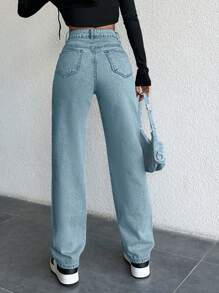 SHEIN PETITE 女式简约休闲口袋纽扣直筒牛仔裤 - 淺藍色 - 查看 2