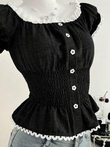 Elamini Chemise décontractée vintage douce pour femmes avec col rond en dentelle, taille froncée, manches bouffantes. Couleurs contrastantes pour l'été