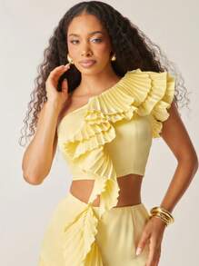 Vixey One Shoulder Layered Ruffle Detail Shirred Back Top - Yellow - View 6