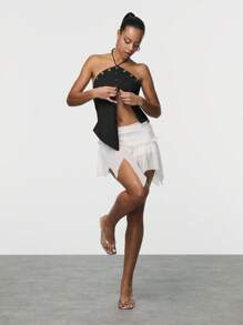 TypaGal Áo ba lỗ vải nỉ trơn màu giản dị dành cho nữ có cổ yếm khoen - màu đen - Xem 3