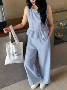 SHEIN TEENGIRL 2 Pieces Casual Set: Loose Fitting Blue & White Striped Sleeveless Top And Long Pants, Suitable For Vacation And Minimalist Style Two Piece Women Sets Girl Co Ord Sets Striped Two Piece Set Casual Two Piece Set Teen Outfit Two Piece - Blue and White - View 2