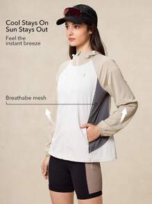 OutZeal Kühlende farbblockierende Sonnenscutzjacke mit Kordelzug-Saum, sonnengeschützt, Alltagsjacke für den täglichen Lässig-Einsatz - Weiss - Übersicht 3