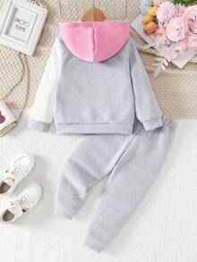 2pcs Young Girl Contrast Patchwork Hooded Zip Up Sweatshirt And Drawstring Jogger Pants Set, Outdoor Casual For Autumn/Winter Fall - Multicolor - View 2
