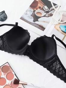 SHEIN 1 Piece Wireless Padded Lace Bra With Lift-Up Support, Black