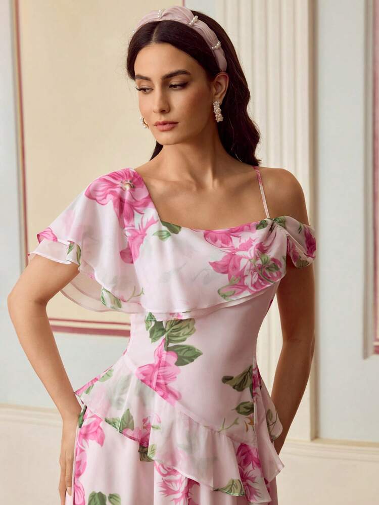 ZEYLAH Women's Floral Print Patchwork Ruffle Asymmetric Collar Mid-Length Dress