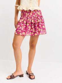 Nöista Women's Pink Floral Fuchsia Floral Mini Skirt With Smocked Waist,Layered Ruffle Detail,Lightweight Summer Boho Vacation Beach,Airport Look,4th Of July - Purple - View 4