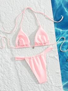 Swim Mod 2pcs/Set Summer New High Waist Sexy Backless Halter Tie Up Women's Swimsuit Set - Pink - View 2