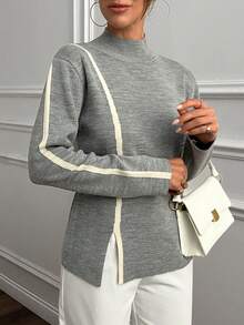 EURMUSE Suéter de punto de cuello alto minimalista para mujer con rayas de contraste - Gris Claro - Ver 1