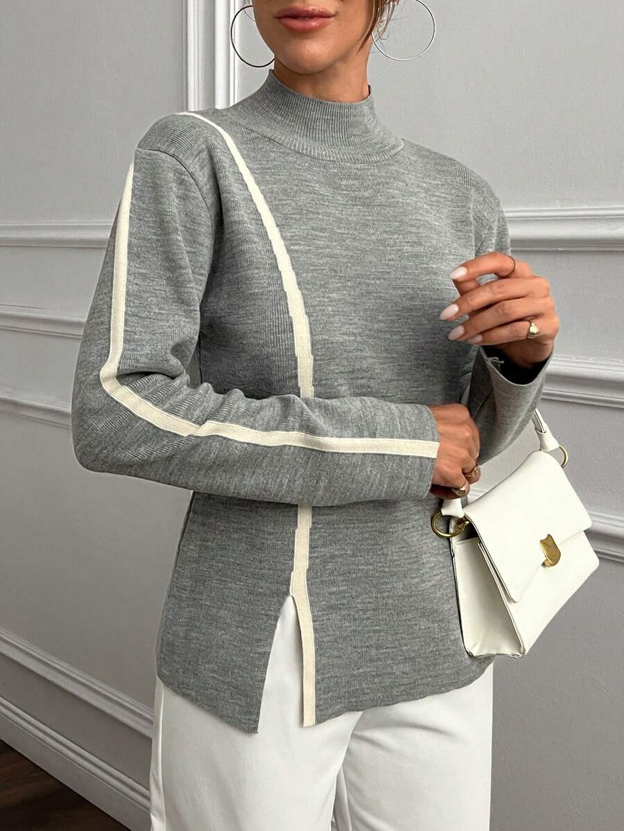EURMUSE Suéter de punto de cuello alto minimalista para mujer con rayas de contraste - Gris Claro - Ver 1