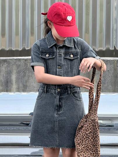 Dazy Kids Girls Turndown Collar Short Sleeve Denim Dress, Fall