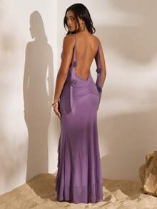 Opulessa Vestido largo y elegante para mujer con bajo con volantes y decoración de flores 3D, color liso, para verano - Morado - Ver 2
