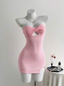 Elamini 条纹针织纹理罗纹扭纹镂空镂空修身露背迷你连衣裙，休闲假日海滩优雅婚礼季节日常派对街头约会百搭甜美可爱女士夏季 - 粉色 - 查看 1