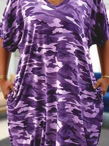 SHEIN Plus Size Camo V-Neck Pocket Vacation Summer Women Outfit Regular Fit Casual Dress, Spring Summer Fall - Multicolor - View 4