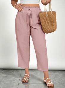 SHEIN VCAY Quần Capri vải lanh cỡ lớn dành cho nữ, Mùa hè, Bãi biển, Phong cách Boho, Bohemian, Thường ngày công sở - Bụi hồng - Xem 5