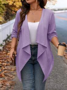SHEIN LUNE Plus Size Fashion Asymmetrical Collar Design Long Knit Cardigan For Going Out And Work,Fall Women Clothes Winter Autumn - Mauve Purple - View 1