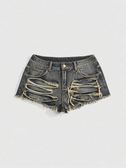 Grunge Punk شورت ميني جينز منخفض الخصر مصمم بأسلوب ممزق مقاس كبير للنساء للكونسرت