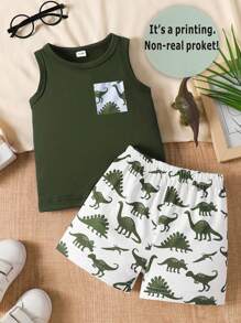 SHEIN 1Set Baby Boy Fashionable Minimalist Cute Dinosaur Print Faux Pocket Design Top And Dinosaur Print Shorts Set, Summer