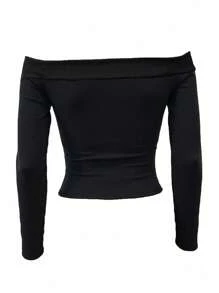 INAWLY 女士露肩長袖T恤 - 黑色 - 查看 2