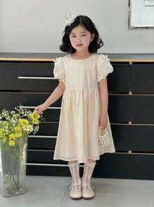 DAZY Vestido mini de verano de estilo coreano dulce y lindo con mangas abullonadas para niñas jóvenes - Albaricoque - Ver 3