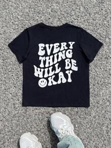 Áo thun cổ tròn tay ngắn in hình mặt và chữ Tween Boy Casual Minimalist Casual, thoải mái, mùa hè - màu đen - Xem 3