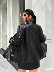 SHEIN EZwear Jaqueta de couro PU plus size fashion para uso diário, cor sólida, outono/inverno - Preto - Ver 4
