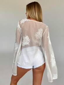 Aloruh 女式花卉提花宽松时尚喇叭袖衬衫 - 杏色 - 查看 2