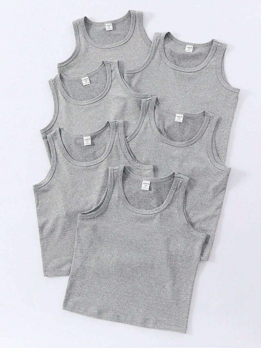 SHEIN Playful Pals 6pcs/Set Young Boy Solid White Crew Neck Tank Top, Soft & Comfortable Knit Fabric, Suitable For Daily Wear, Sports, Vacation, Can Be Paired With Shorts, 6-Piece Set, Suitable For School, Vacation, Holidays, Getaway, Holiday, Travel, Relax, Sunbathing, Summer - Grey - View 1