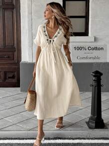 Easowa Sukienka damska z haftem kwiatowym, dekoltem w serek, swobodna, krótka, sięgająca do połowy łydki