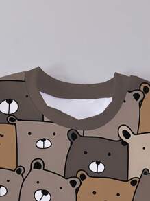 SHEIN Playful Pals 1 套幼儿男童休闲可爱熊全印花 T 恤和短裤套装，可爱的日常穿着，适合春夏季 - 彩色 - 查看 4