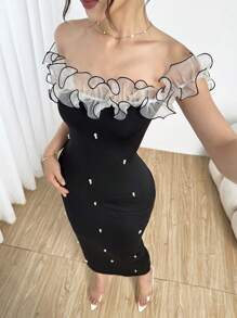 Modelyn Elegant Off-Shoulder Pearl Embellished Ruffle Hem Split Dress - Black - View 5