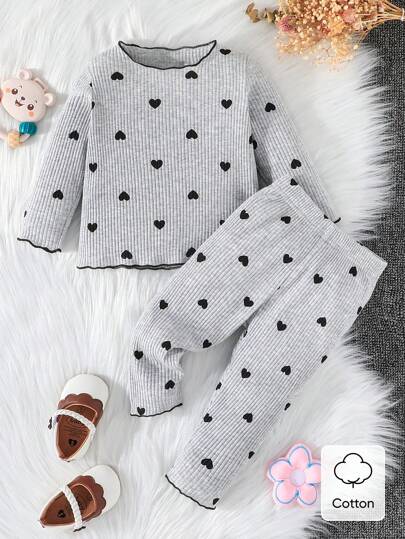 SHEIN Vintaside Kids Baby Girl Heart Print Contrast Lettuce Binding Tee & Pants