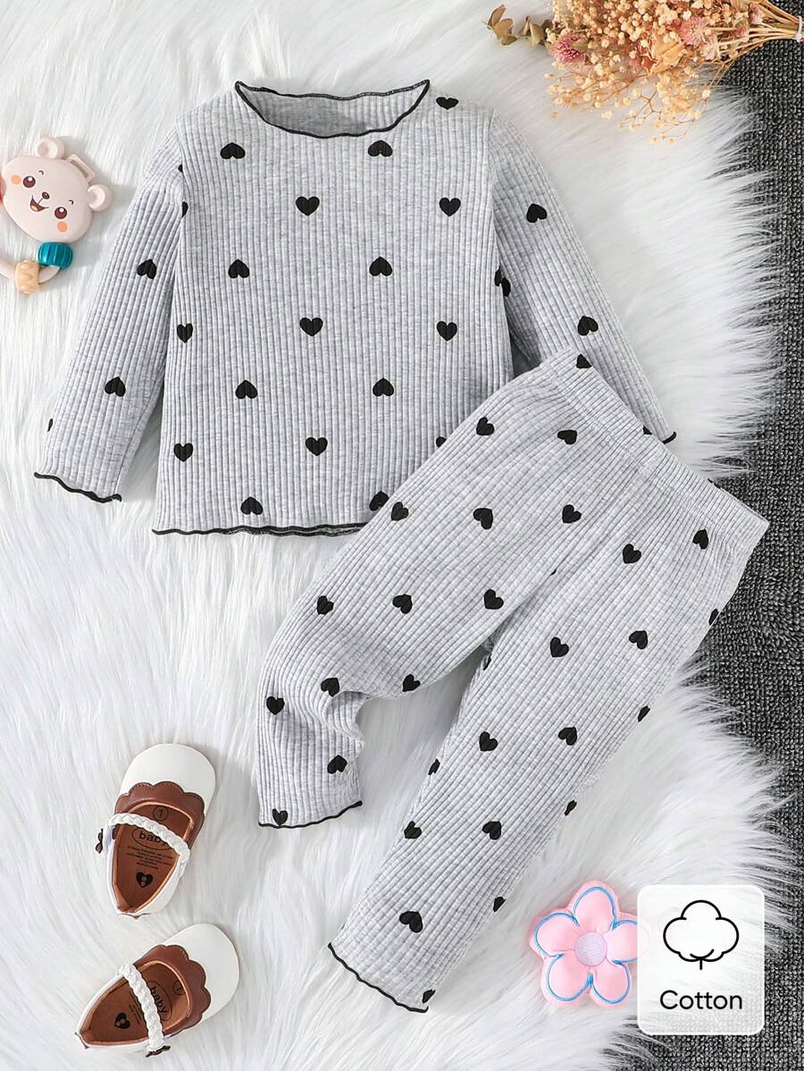 SHEIN Vintaside Kids 嬰兒女孩心形印花對比韭菜邊連身t卹和長褲