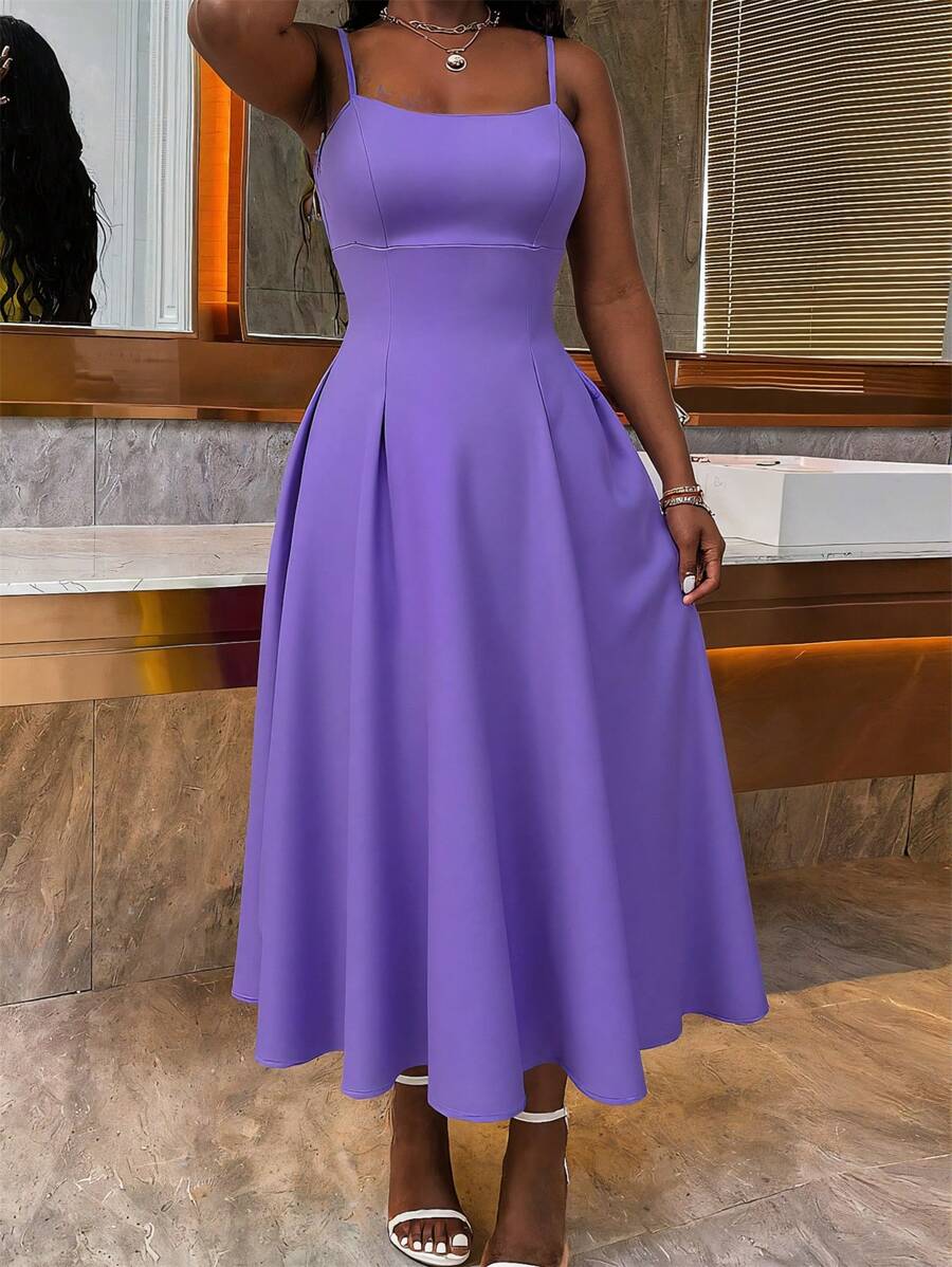 INAWLY 女式休闲纯色喇叭下摆吊带背心连衣裙，夏季