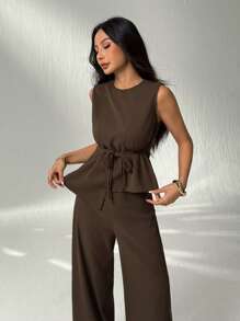 SHEIN PETITE 女装夏季休闲纯色不对称下摆马甲西装裤套装商务女装性感办公室女士两件套老花教师装秋季女装老花风格办公室仙女风 - 咖啡棕 - 查看 6