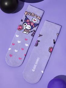 HELLO KITTY AND FRIENDS | SHEIN 2 pares de calcetines de caña media para niños suaves y transpirables de algodón, que absorben la humedad, con estampado de dibujos animados morados y negros, con refuerzo en los dedos y el talón para mayor durabilidad, unisex para niños y niñas, para todas las estaciones y todos los usos, incluyendo la escuela y al aire libre. - Multicolor - Ver 4