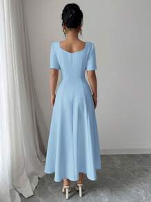 Elenzga 女士优雅简约工作服/休闲连衣裙，精致法式风格，修身多缝线和口袋，短袖，适合通勤、办公室、商务、度假、下午茶