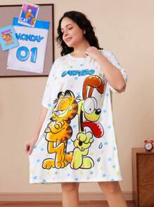 GARFIELD | SHEIN Plus Size Letter & Cartoon Print Okrągły Dekolt Krótki Rękaw Koszula Nocna
