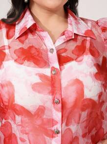 SHEIN Clasi Chemisier en mousseline de soie à manches courtes et imprimé fleuri pour femmes grandes tailles. Chemisiers fleuris élégants pour femmes grandes tailles. - Multicolore - Voir 3