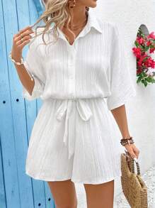 Vivid Eden Bộ áo liền quần dài tay màu trơn thời trang dành cho nữ - trắng - Xem 5