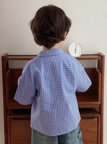 DAZY 小男孩格子短袖单排扣口袋休闲衬衫，夏季 - 藍色 - 查看 4