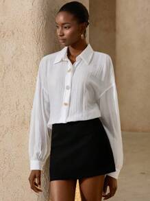 Zanirela Simple Artistic Collared Button Front Mid-Length Long Sleeve Shirt For Women Fall Cloth For Women - White - View 7