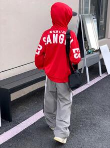 青少年男孩纯色超大字母图案落肩连帽衫，适合秋季和春季，适合户外玩耍、运动、学校、街头风格、派对和休闲穿着，高性价比的返校服装