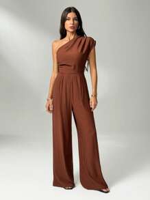 SHEIN Tall 2025春夏新款音乐节复活节圣帕特里克节西部风游牧风生日派对毕业季学院风学生装日常出游基础百搭休闲度假邮轮旅行沙滩海边日光浴网红爆款街头风优雅不对称设计纹理面料棕色单肩聚拢连体裤 - 棕色 - 查看 3